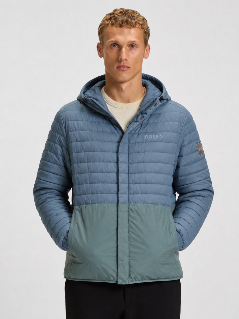 Hugo Boss Men’s Water-Repellent Hooded Puffer Jacket Blue Reflective Sz 42r/Lg